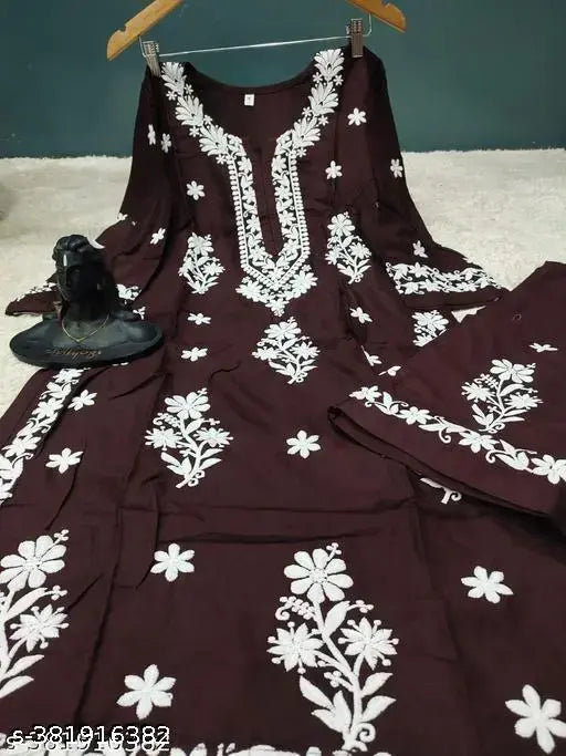 Rayon Chikankari embroidered kurta and palazzo set with three-quarter sleeves, 14kg. Indian handcrafted rayon clothing for women