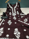 Rayon Chikankari embroidered kurta and palazzo set with three-quarter sleeves, 14kg. Indian handcrafted rayon clothing for women