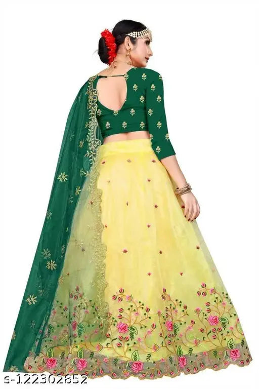 Embroidered dupion silk lehenga set with net bottomwear and dupatta, semi-stitched (waist 42m/length 42m), country of origin India