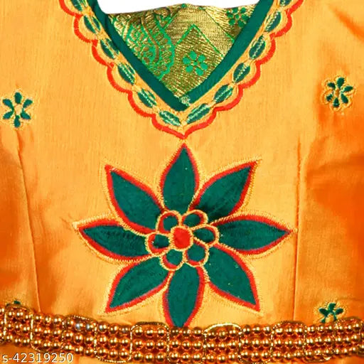 Art Silk embellished Senbagha Pavadai Lehenga Choli with waist belt, available in various sizes from 0-3 months to 7-8 years. Indian handcrafted embroidery work