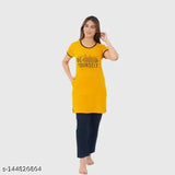 Printed polycotton women's nightsuit set, short sleeve t-shirt and pyjama pants with pocket, summer night wear by Dartline