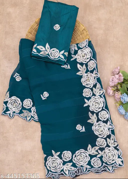 Teal sequined sari with embroidery and blouse