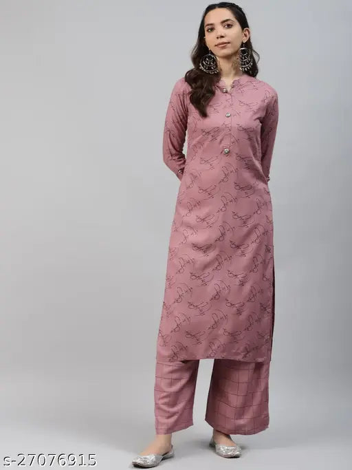 Trendy pink rayon kurta set, printed design, calf-length palazzo bottoms, mandarin collar, regular sleeves