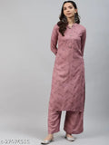 Trendy pink rayon kurta set, printed design, calf-length palazzo bottoms, mandarin collar, regular sleeves
