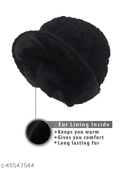 Black winter beanie with fur lining, 2-pack men's and women's slouchy design
