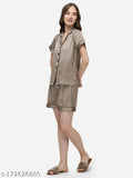 Copper gold women's silk satin night suit set with short sleeves, solid design, India origin