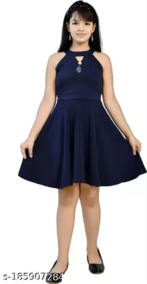 Navy blue cotton blend knee-length sleeveless dress with flared skirt for women