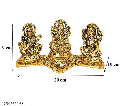 Gold metal Laxmi Ganesh Saraswati decorative showpiece with diya on leaf, 105cm - Handmade Indian God Idol for home, temple, office, gifting, Vastu, Luck and Happiness