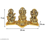 Gold metal Laxmi Ganesh Saraswati decorative showpiece with diya on leaf, 105cm - Handmade Indian God Idol for home, temple, office, gifting, Vastu, Luck and Happiness