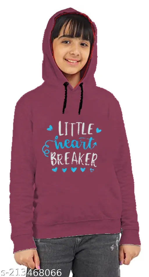 Cotton blend girls' sweatshirt or hoodie, printed design with long sleeves and pockets, casual winter wear for kids aged 2-14 years, made in India
