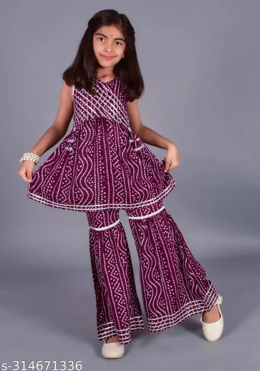 Rayon printed kurta and sharara set for girls, A-line top with V neck and sleeveless design, perfect for weddings or parties, Indian party wear suit set