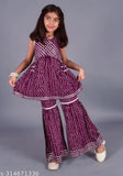 Rayon printed kurta and sharara set for girls, A-line top with V neck and sleeveless design, perfect for weddings or parties, Indian party wear suit set