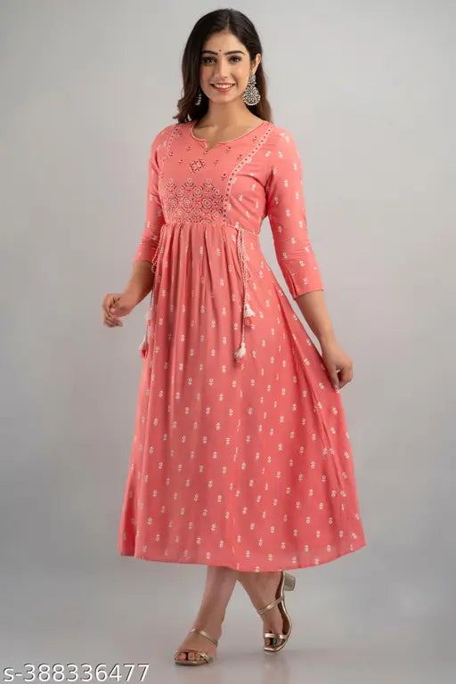 Rayon, embroidered Anarkali kurti in printed combo, S-5XL, Indian fashion