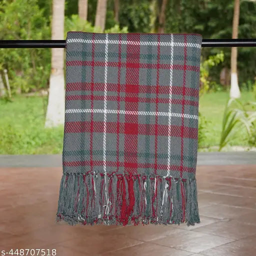 Christmas Red & Grey Checked Woven Cotton Throw, reversible design, charming flower border detail