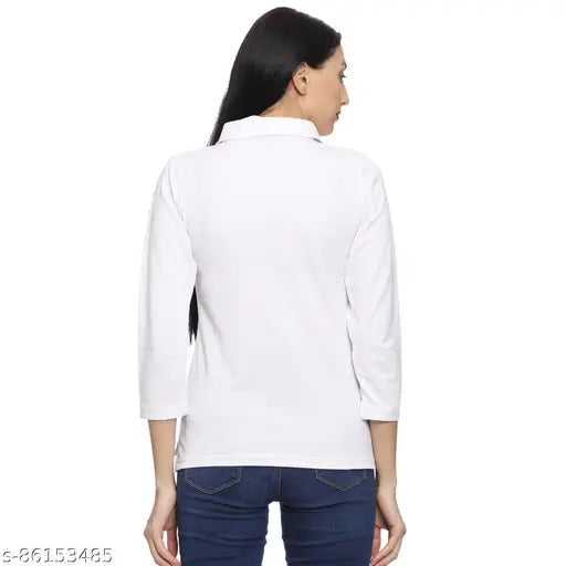 White three-quarter sleeve pique cotton t-shirt for women and girls, regular fit and collar neck style, comfortable and versatile clothing from Roarers Casual Tops