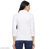 White three-quarter sleeve pique cotton t-shirt for women and girls, regular fit and collar neck style, comfortable and versatile clothing from Roarers Casual Tops