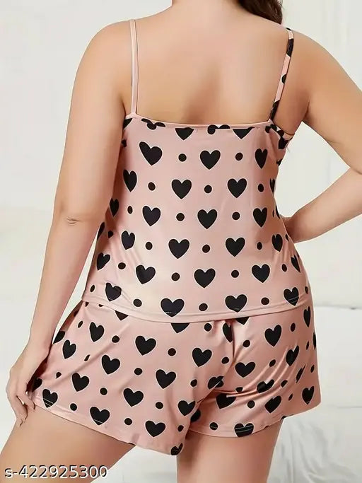 Satin printed night suit for women, top and shorts set, Indian graphics nightwear on hanging rack