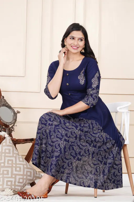 Blue kurti, long-sleeve, flared skirt, embellished with embroidery