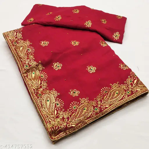 Embroidered red saree with full diamondstone hendwork, blouse included