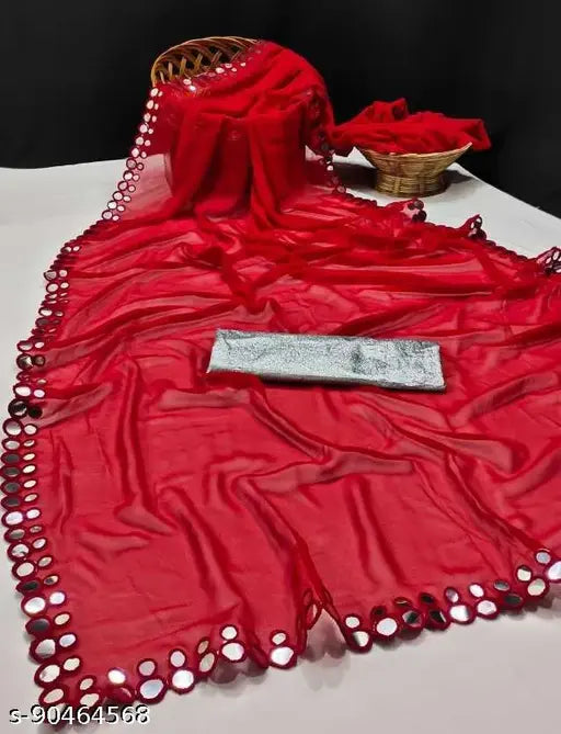 Red and gold heavy georgiattic saree with mirror border