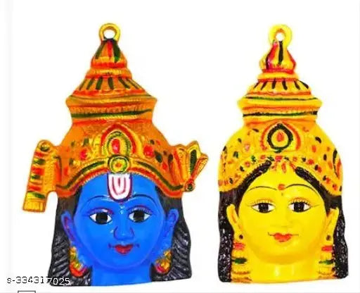 Metal Laxmi Narayan face idol, 7.5 inch tall Indian god statue