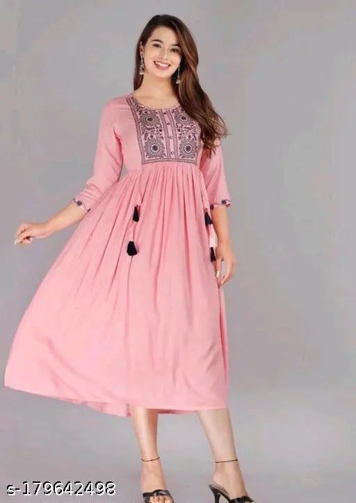 Embroidered rayon anarkali kurta, three-quarter sleeve women's embroidery, Indian traditional fashion