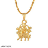 Mata Durga Sherawali silver-plated brass pendant locket necklace, red AD stone-studded idol on tiger, 30mm x 15mm, 24" chain, perfect spiritual jewelry for any occasion, Made in India