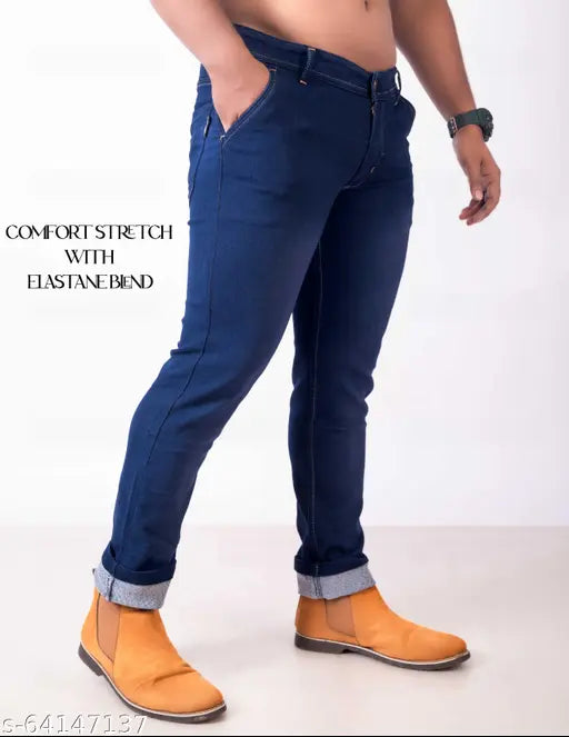 Men's blue denim AEMAC jeans, solid net - size 30 (waist 31in, length 42in, hip 38in) or size 32 (waist 33in, length 42in, hip 40in), made in India
