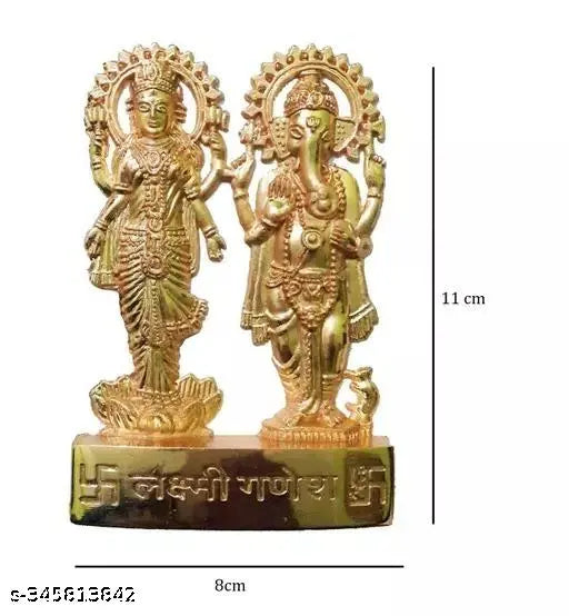 Metal Laxmi Ganesha pujan set, auspicious Indian art statue idol for car dashboard or home decor, length 2cm, height 10cm