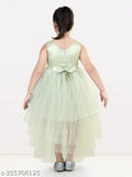Military green embellished net gown dress for kids (1-12 years), sleeveless hi-low style