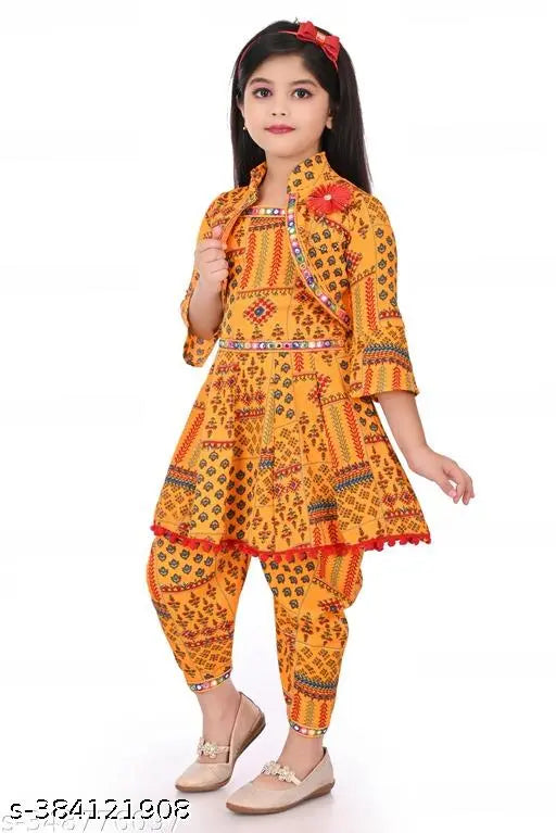 Red cotton blend dhoti kurta set for girls with printed net pattern, redefining elegance and blending tradition with style