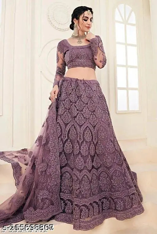 Monrav embroidered net lehenga choli set with blouse piece, semi-stitched (42in/41in/2.25in), Indian handcrafted designer ethnic wear