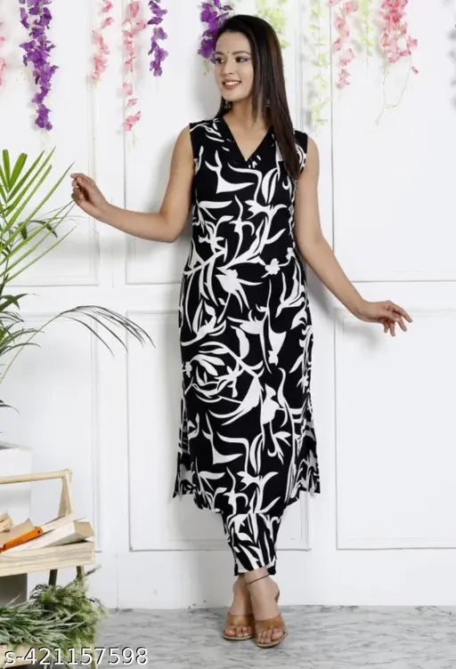 Black rayon kurta and palazzos set, printed net pattern, sleeveless, single size options S, M, L, XL, XXL for women