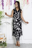 Black rayon kurta and palazzos set, printed net pattern, sleeveless, single size options S, M, L, XL, XXL for women