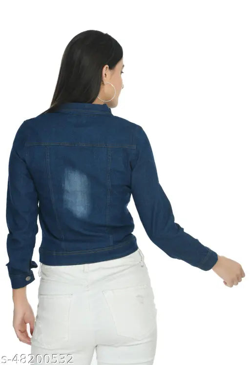 Denim waistcoat for women, classic design with shank buttons, chest pockets, long sleeves, trendy and glamorous