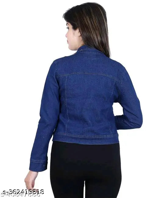 Stylish and trendy denim jacket for women/girls, solid color, long sleeves, comfortable fit. India-made denim wear on hanger