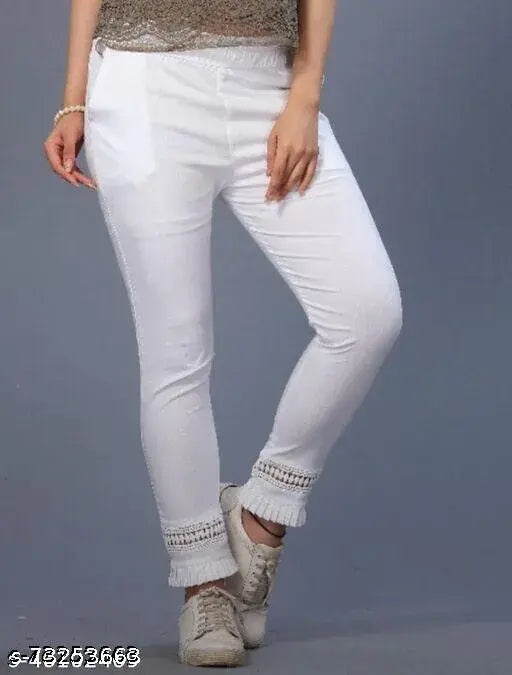 Stretchable cotton trouser pant with ruffled lace, western-inspired, embroidered border, festive wear, India origin