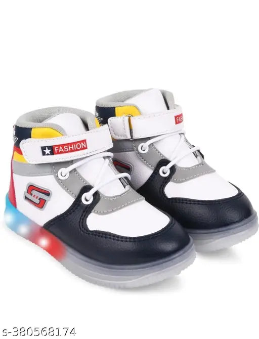 Black and white kids' light-up running shoes with LED accents