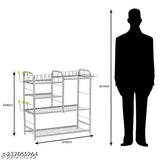 Stainless steel modular kitchen storage rack with 4 shelves, one upper plate design, two glass holders, and one spoon holder