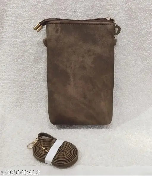A brown crossbody sling bag with a cell phone holder and a chain strap, designed for girls