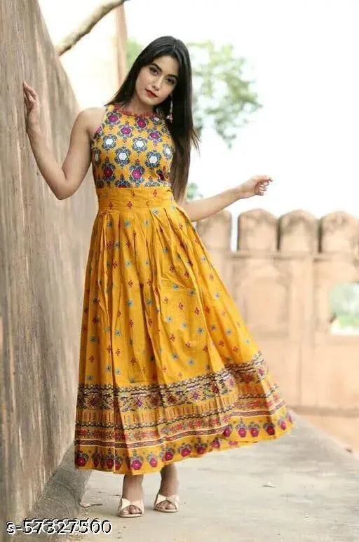 Musterd yellow printed long rayon kurti, sleeveless with intricate Indian design, perfect for formal occasions