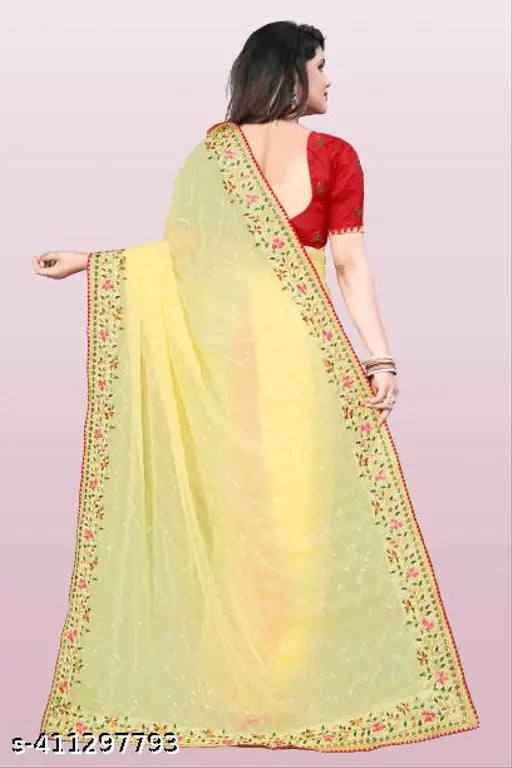 Yellow silk chiffon saree with floral border, red blouse