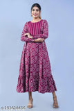 Wine-colored rayon bandhani print tier kurti with three-quarter sleeves, popular Indian fashion for women