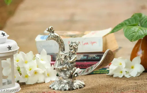 Silver oxide Krishna Idol figurine, 18.5x8.5x14cm, brings wealth, health, peace & happiness per VASTU. Decorative Murti for Pooja room or car dashboard