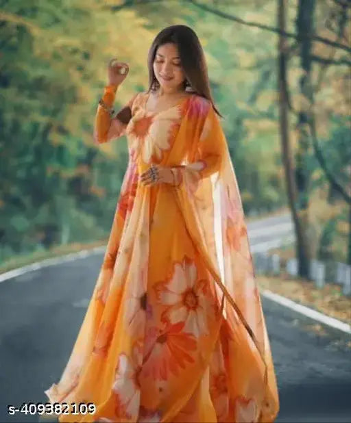 Orange georgette printed gown with long sleeves, women's formal wear, Indian net maxi dress