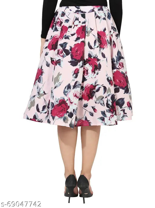 Navy blue polyester mid calf length skirt with white floral print digital rose design women's