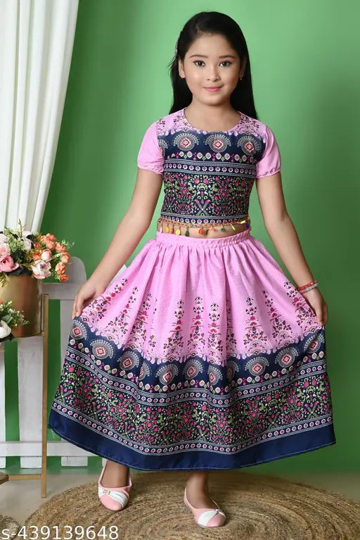 Kids printed dupion silk lehenga choli set with botanical pattern, short sleeves, 1-7 years sizes, India origin