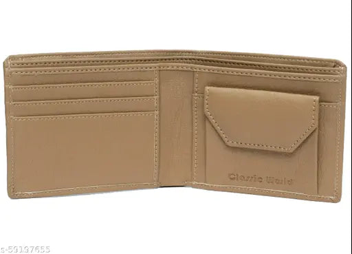 Cream PU Classic World men's wallet, free size, 2 compartments, ATM detachable, trendy