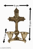 Antique finish pure brass Christian cross statue with attached candle stand, 5-inch golden idol of Jesus Christ for prayer, worship home decor
