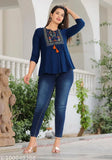 Women's navy blue V-neck topper with a scoop neckline